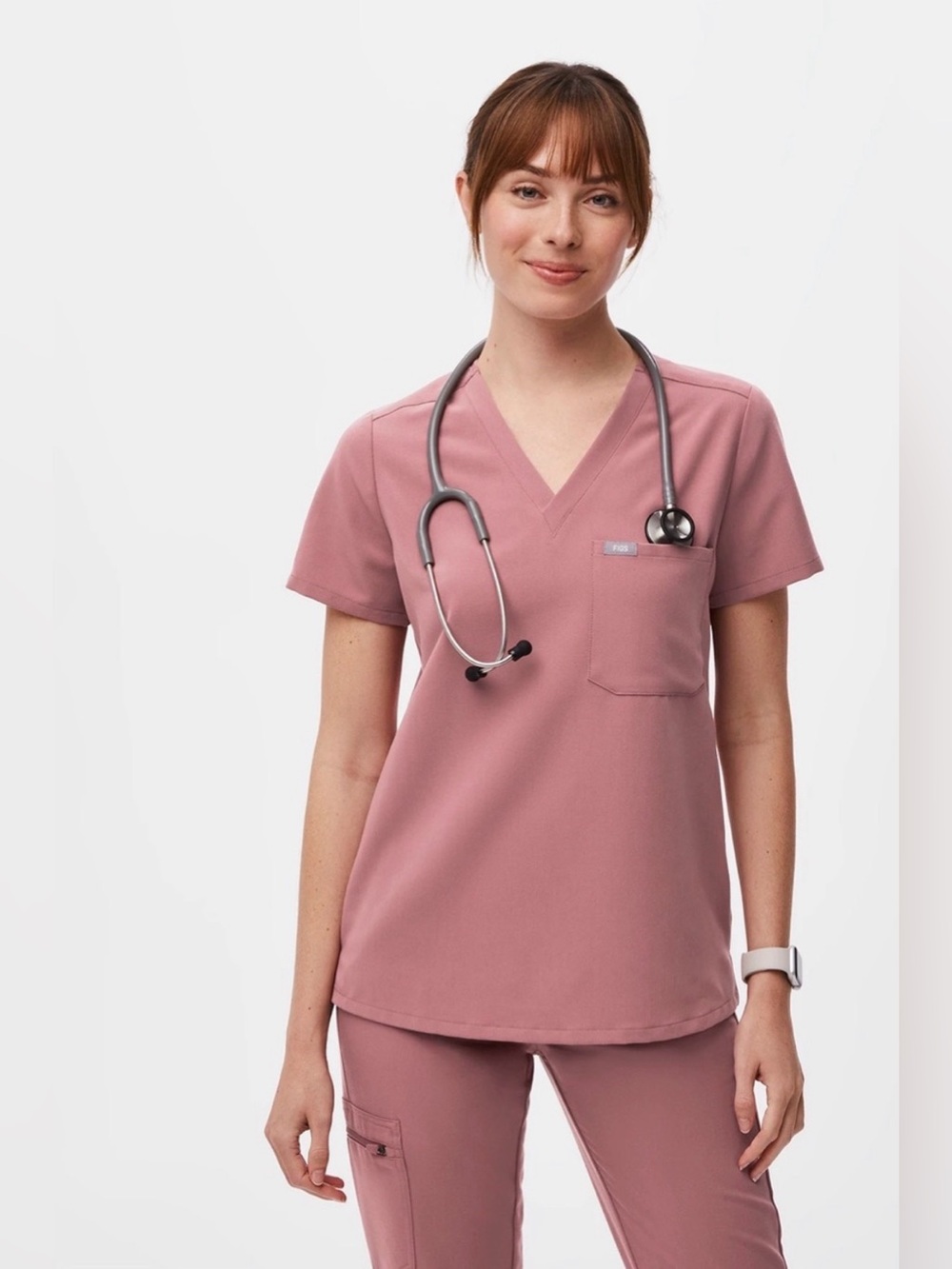 FIGS Technical Collection Women’s Solid V-Neck Catarina Scrub Top Mauve Medium